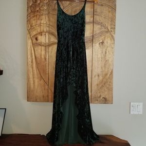EMERALD GREEN VELVET BACKLESS HIGH LOW DRESS, S